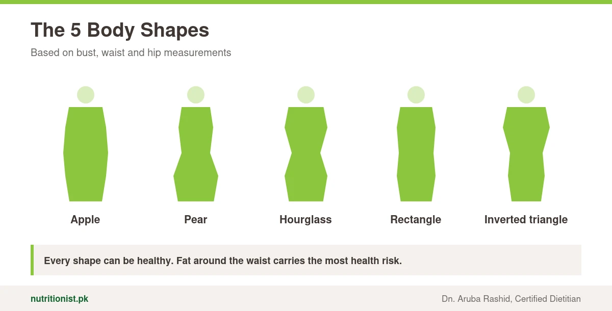 The five body shapes: apple, pear, hourglass, rectangle and inverted triangle