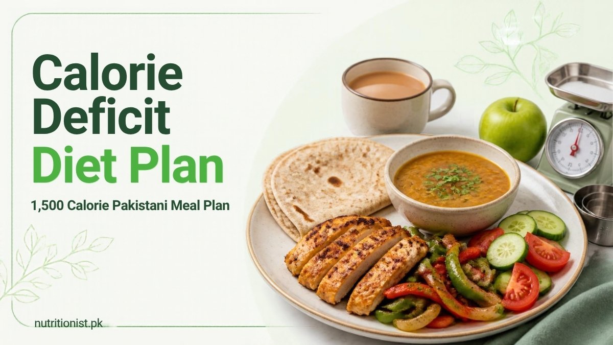 Calorie deficit diet plan with Pakistani food: whole wheat roti, daal, grilled chicken with vegetables, salad, chai, an apple and a kitchen scale