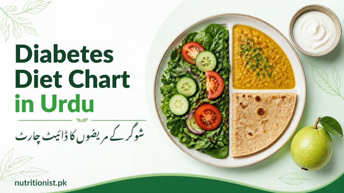 Diabetes diet chart in Urdu - شوگر کے مریضوں کا ڈائیٹ چارٹ: plate with salad, daal and whole wheat roti, yogurt and guava