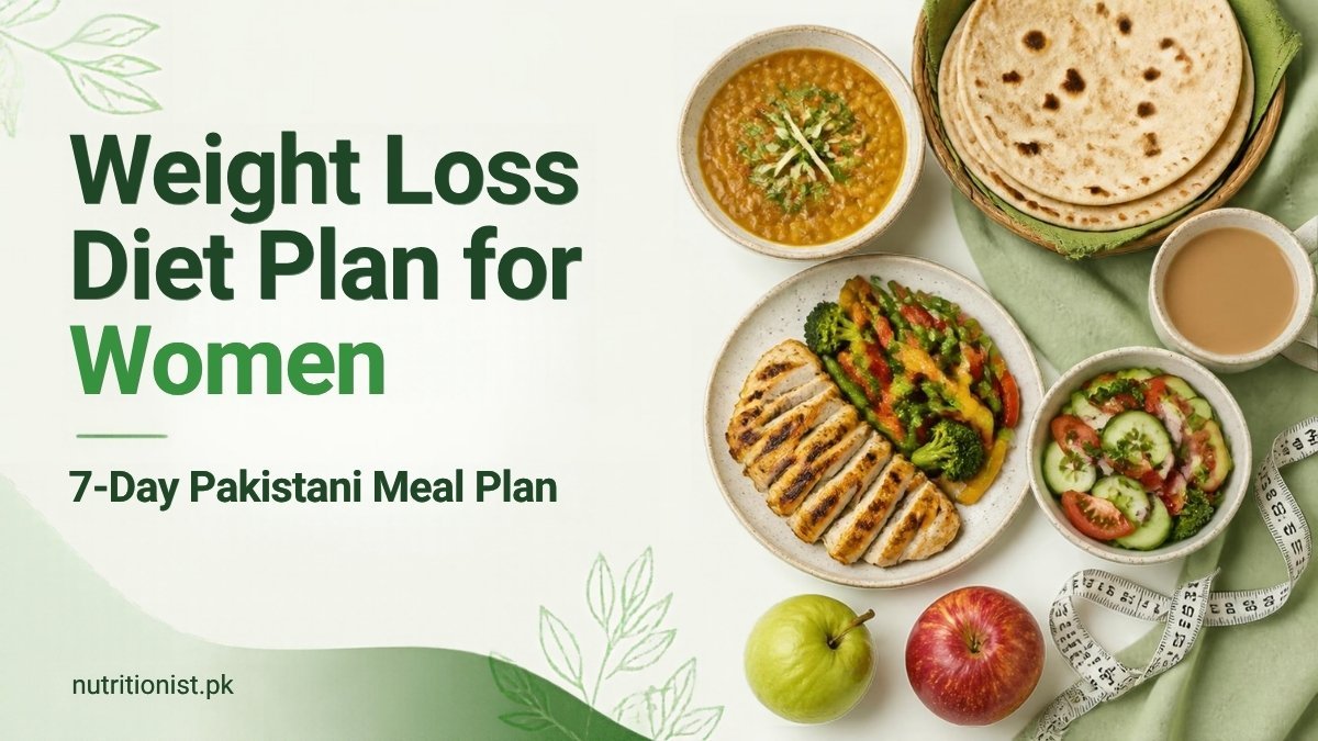 Weight loss diet plan for women with Pakistani food: daal, whole wheat roti, grilled chicken with vegetables, salad, chai, guava, apple and a measuring tape