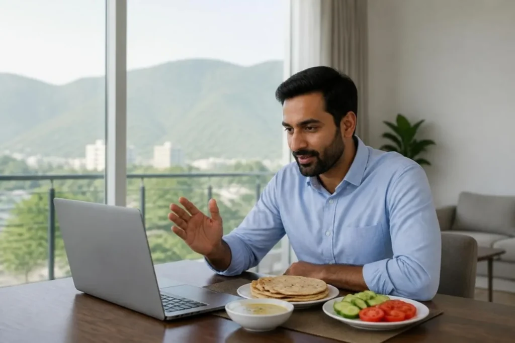 A man on a video call at his dining table with a healthy home-cooked lunch beside his laptop