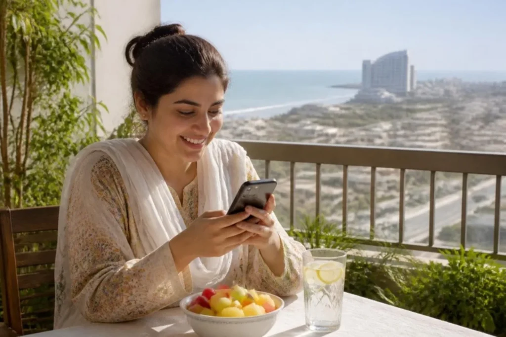 A young woman smiling at her phone on a sunny balcony, with a bowl of fruit and a glass of lemon water