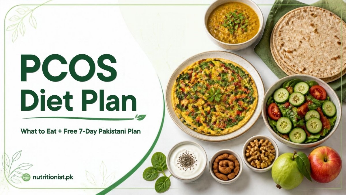PCOS diet plan with Pakistani foods: vegetable omelette, daal, whole wheat roti, cucumber salad, yogurt with chia seeds, almonds, walnuts, guava and apple