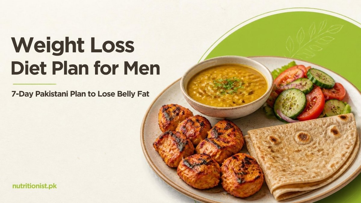Weight loss diet plan for men: a Pakistani plate with chicken tikka, roti, daal and salad